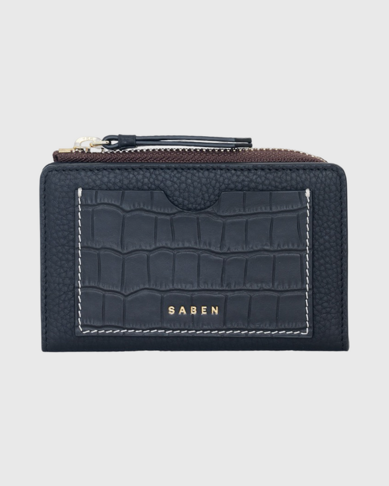 saben wednesday wallet black croc + white stitch