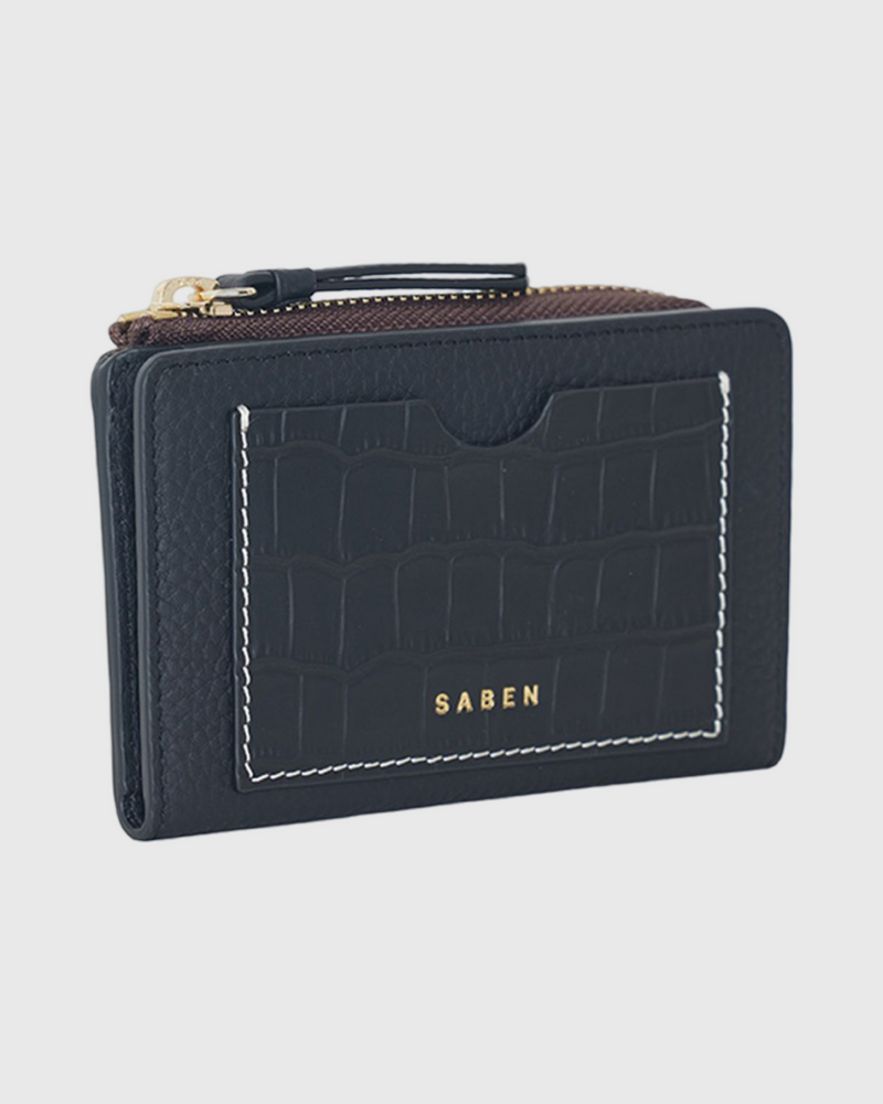 saben wednesday wallet black croc + white stitch